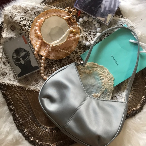 XOXO Y2K Baby Blue Crescent Rare Demi Signature Mini Bag Vintage Baguette Satin - Picture 1 of 16